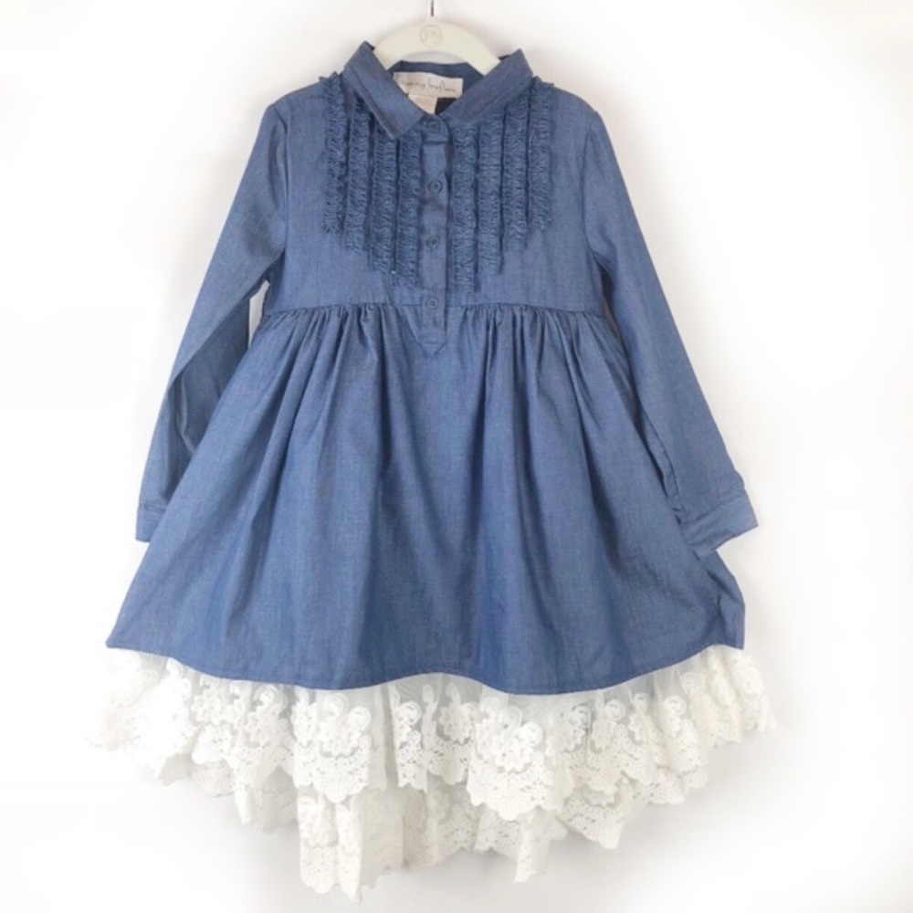 NWT Denim Chambray Lace Empire Waist Ruffle Ivory Lace Dress - Picture 2 of 8
